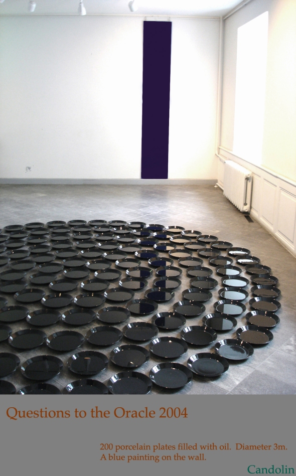Questions.to the Oracle.Installaltion with porcelain plates and oil &  2 canvases on the wall . Diameter 3m. Tartu Art Museum, Estonia